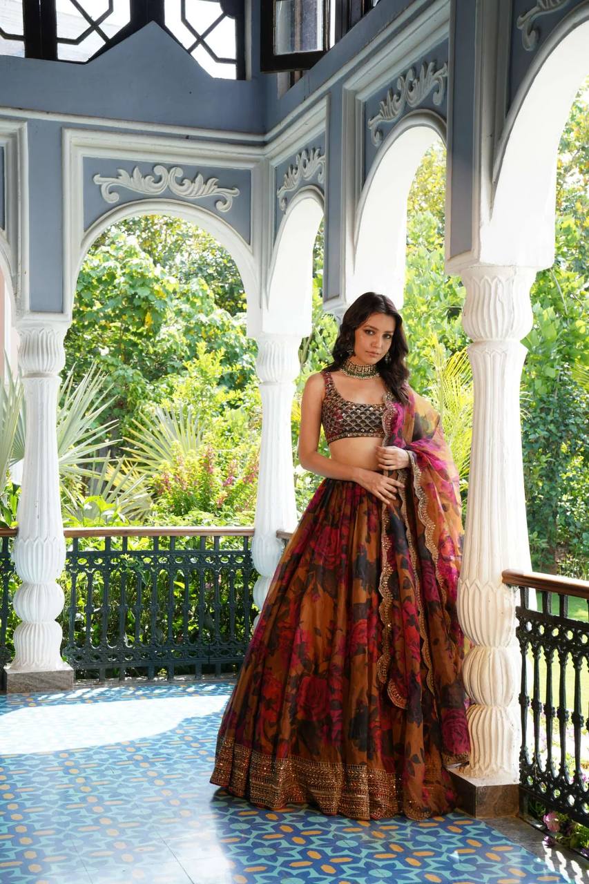Flower Digital Print Organza Lehenga Choli and Dupatta Set with Digital Print and Sequin Work