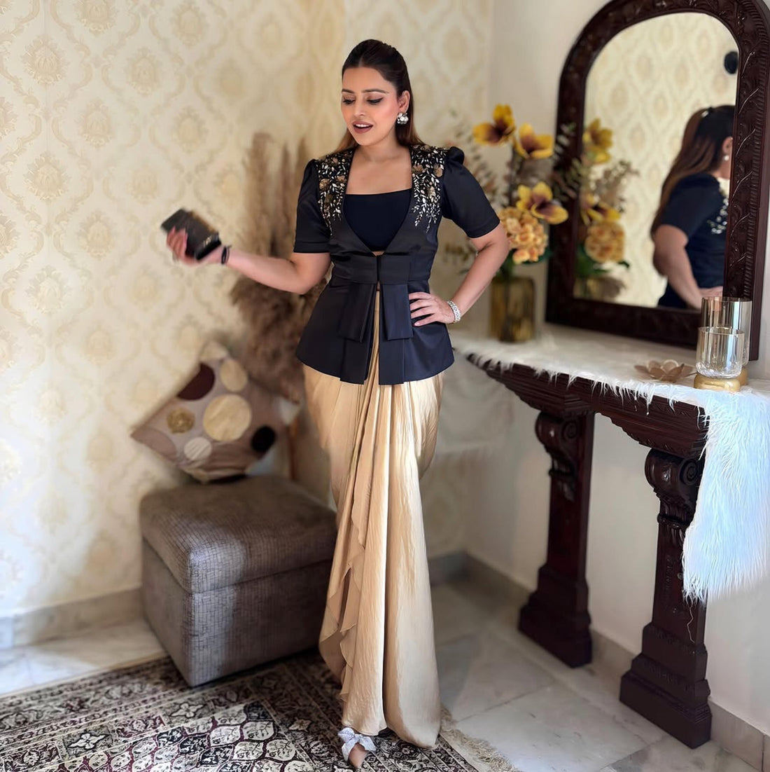 Classic Black Blazer with Golden Draped Dhoti Skirt