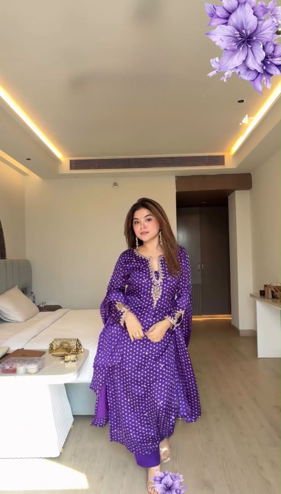 Violet Bandhani Printed  Georgette Straight Kurta Set