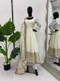 Full view of White Anarkali Set with embroidered details