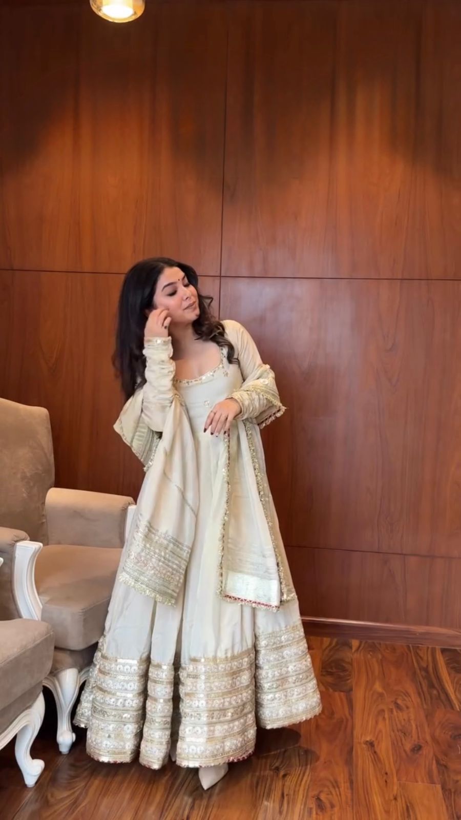 Full View of White Anarkali set with sequin embroidery, lace border, and matching dupatta

