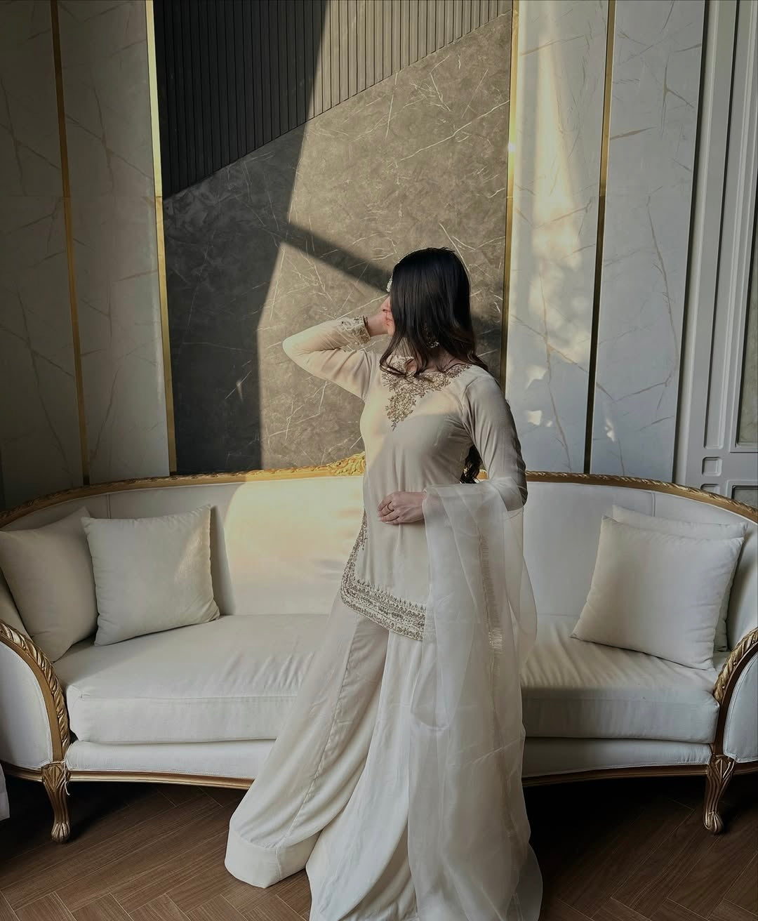 Chinon Silk Embroidered Kurti Palazzo Set