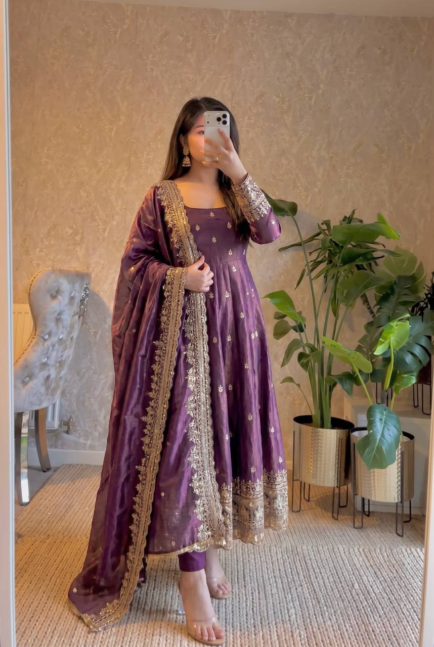 Designer Fandy Silk Sequins Gown Ensemble