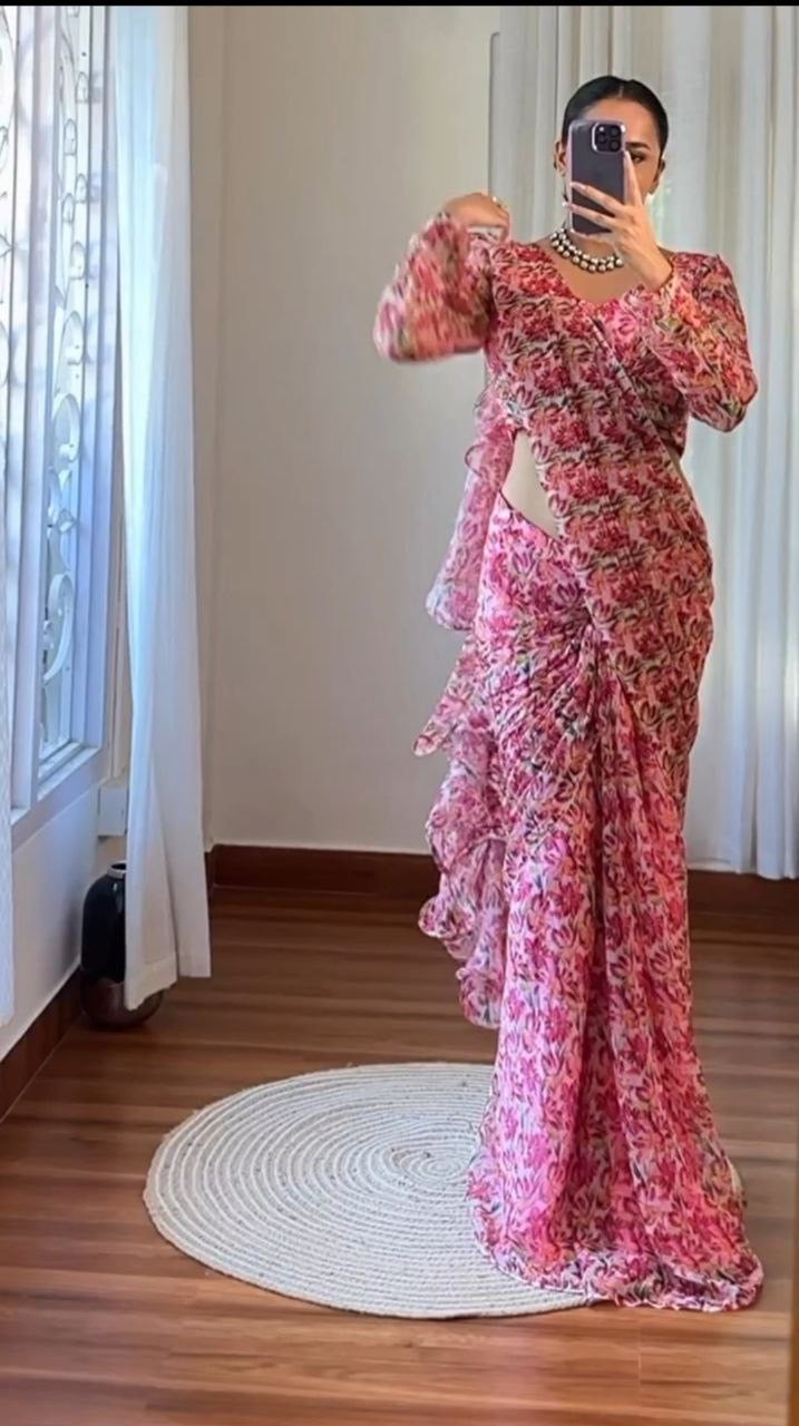 Ruffled Ready-to-Wear Georgette Party Saree