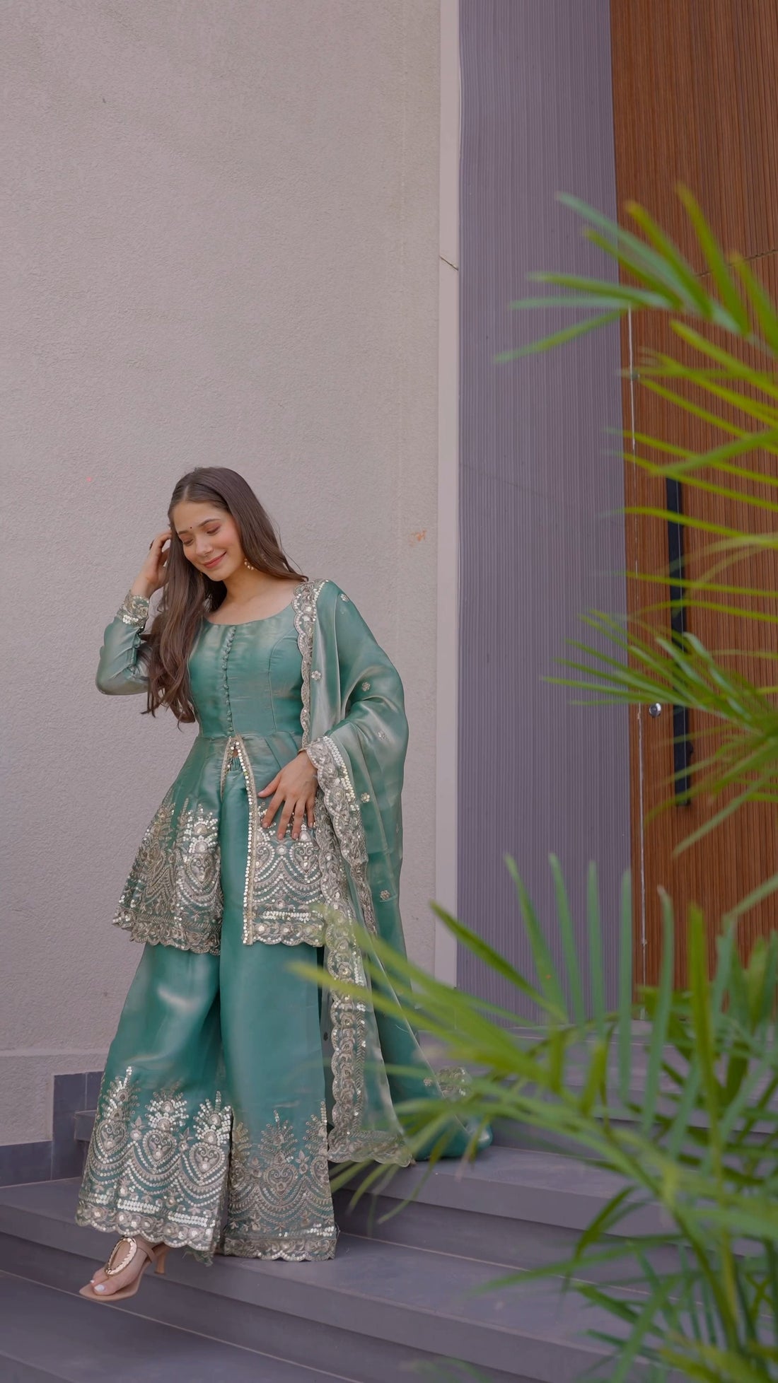 Designer Two-Tone Fandy Silk Top Palazzo Set with Embroidery & Dupatta