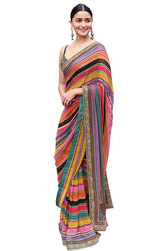 Alia Bhatt Bollywood Saree in Multi Color Digital Print With Georgette