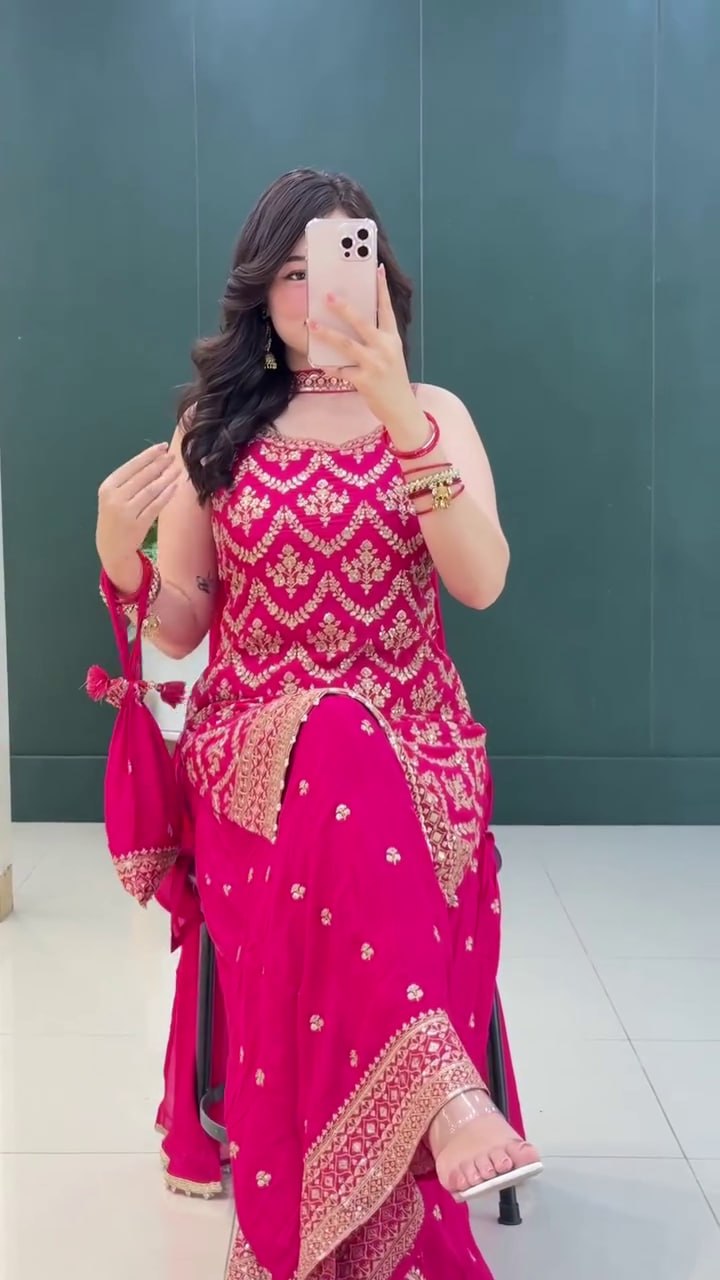 Embroidered Silk Top & Palazzo Set with Dupatta – Perfect for Festivals