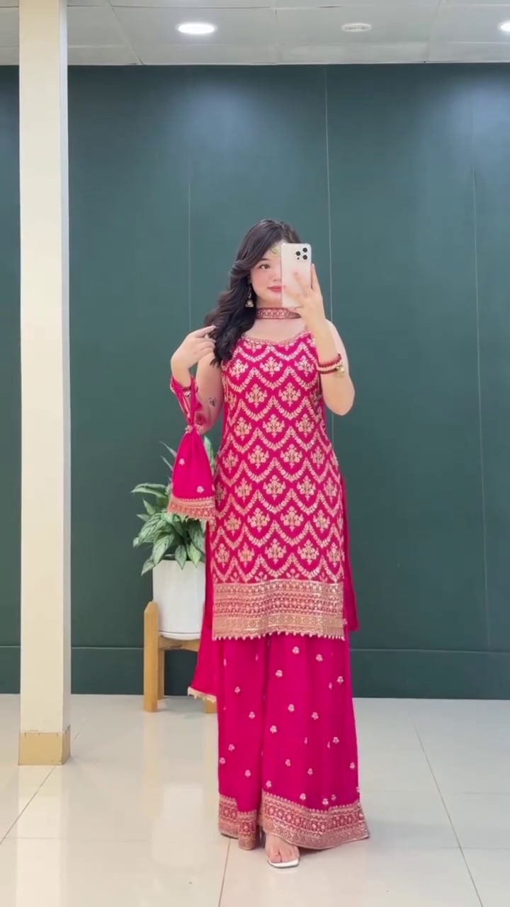 Embroidered Silk Top & Palazzo Set with Dupatta – Perfect for Festivals