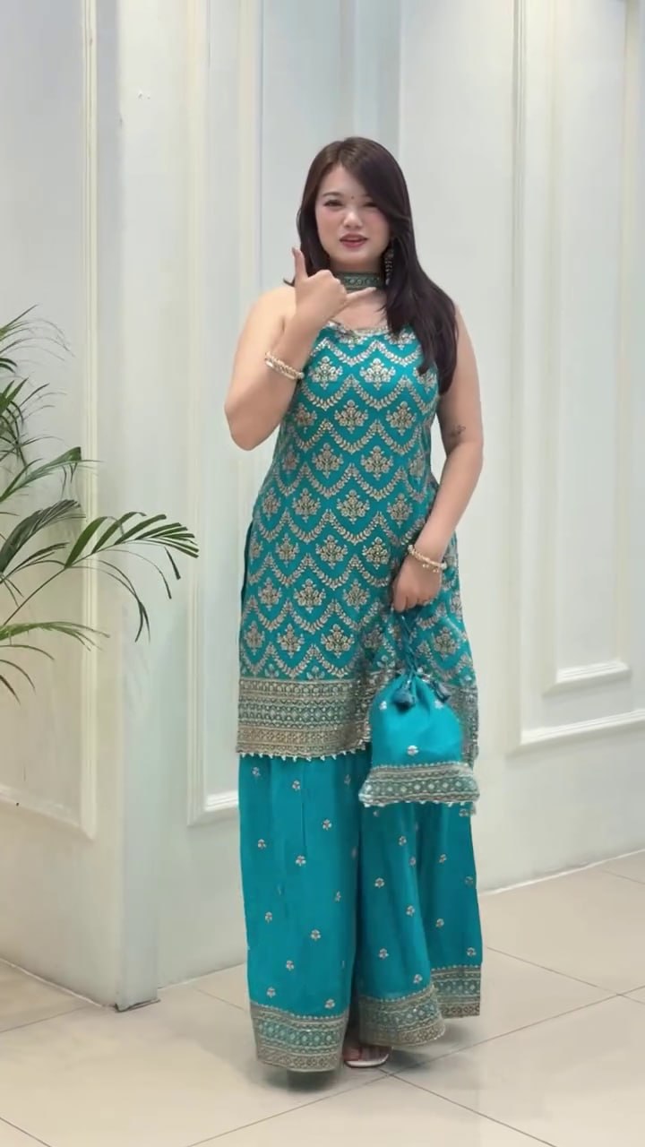 Embroidered Silk Top & Palazzo Set with Dupatta – Perfect for Festivals