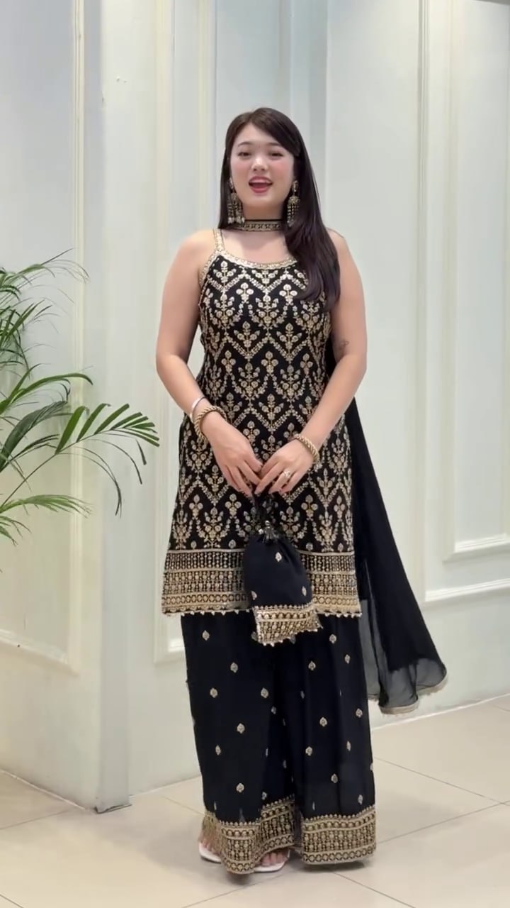 Embroidered Silk Top & Palazzo Set with Dupatta – Perfect for Festivals