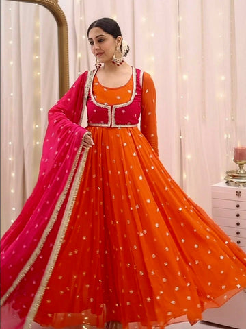New Designer 4-Piece Party Wear Collection | Faux Georgette Anarkali Gown with Koti, Dupatta & Pant