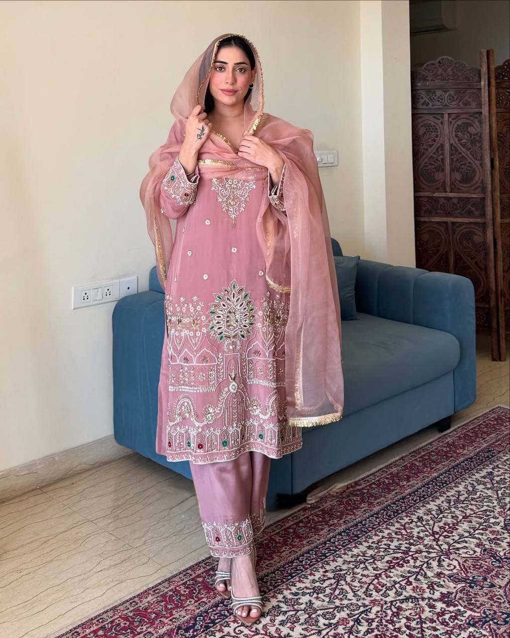 Exclusive 3-Piece Pant Set with Dupatta | French Crepe Top & Pant with Embroidery