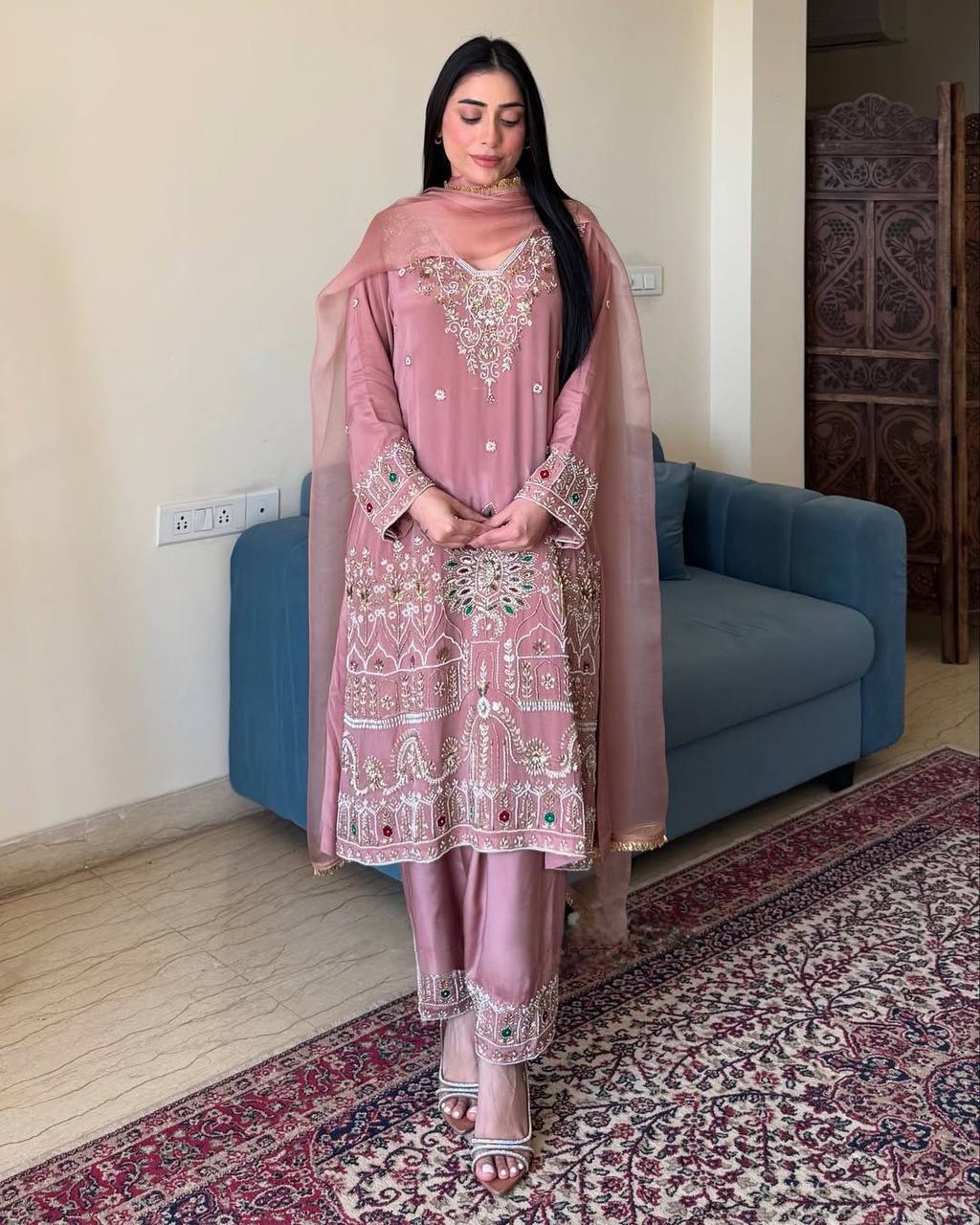 Exclusive 3-Piece Pant Set with Dupatta | French Crepe Top & Pant with Embroidery