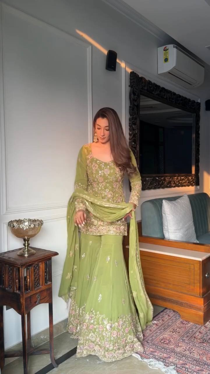 Designer Faux Georgette Top, Sharara and Dupatta Set with Heavy Embroidery Sequence Work