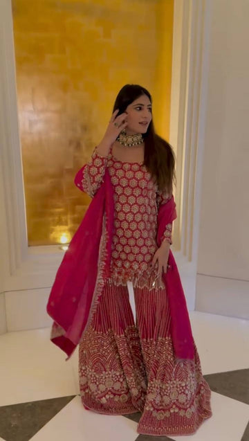 Faux Georgette Embroidered Top Sharara Set with Dupatta