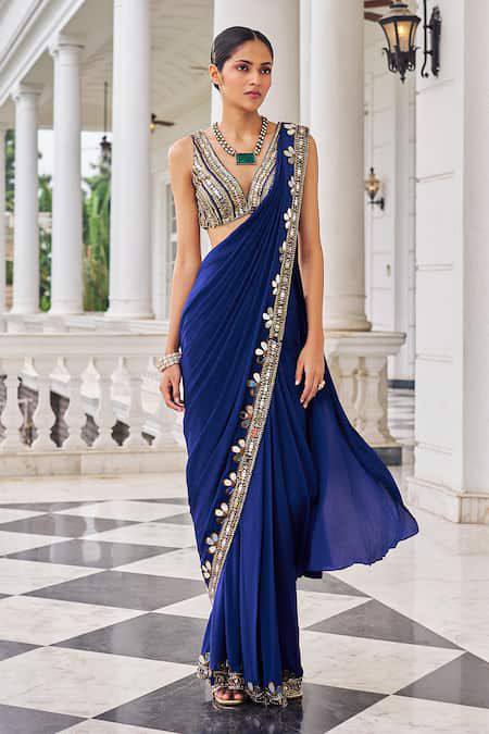 Royal Blue Embellished Saree with Mirror Work Border