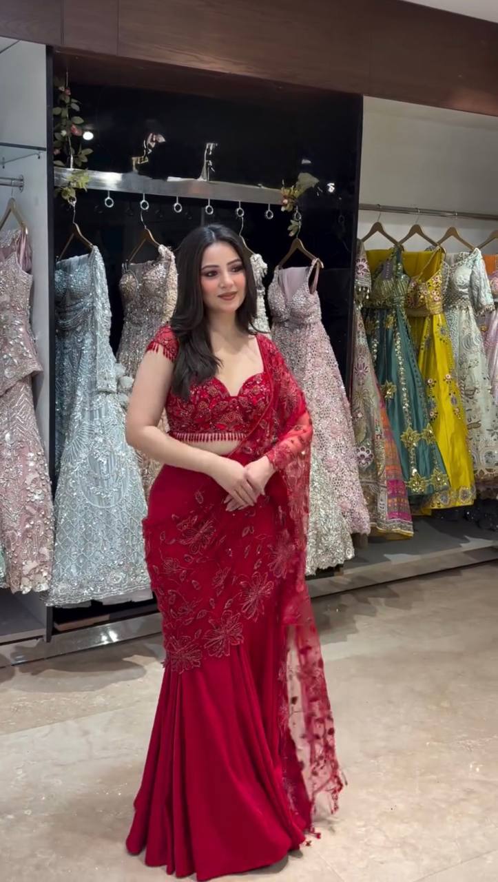 Designer Butterfly Net Embroidered Lehenga Saree with Elegant Thread Work