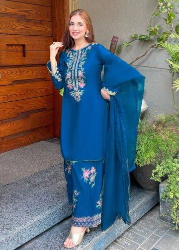 Elvara Luxe Thread Embroidered French Crepe Farshi Suit Set