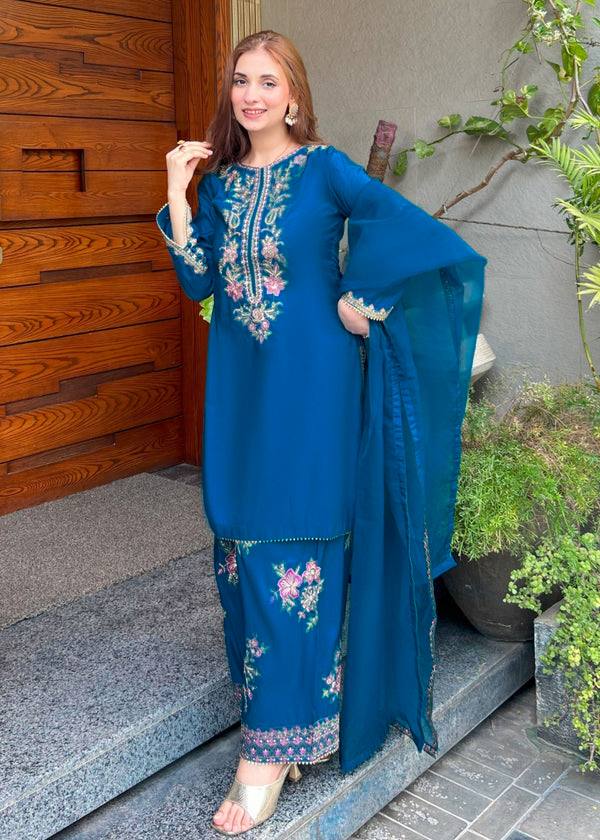 Elvara Luxe Thread Embroidered French Crepe Farshi Suit Set