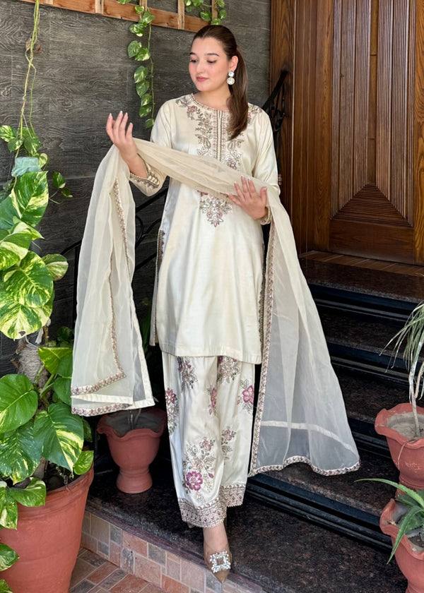 Elvara Luxe Thread Embroidered French Crepe Farshi Suit Set