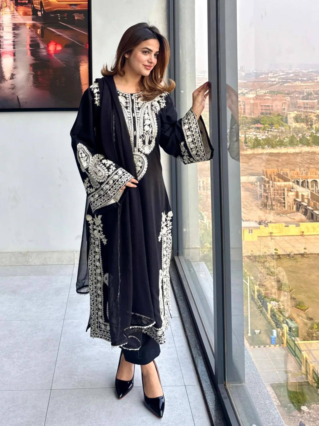 Elegant Chinon Silk Embroidered Kurti Palazzo Set