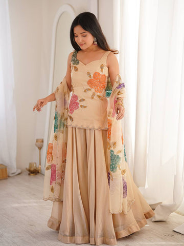 Graceful Organza Palazzo Ensemble with Prints and Sequin Detail Dupatta