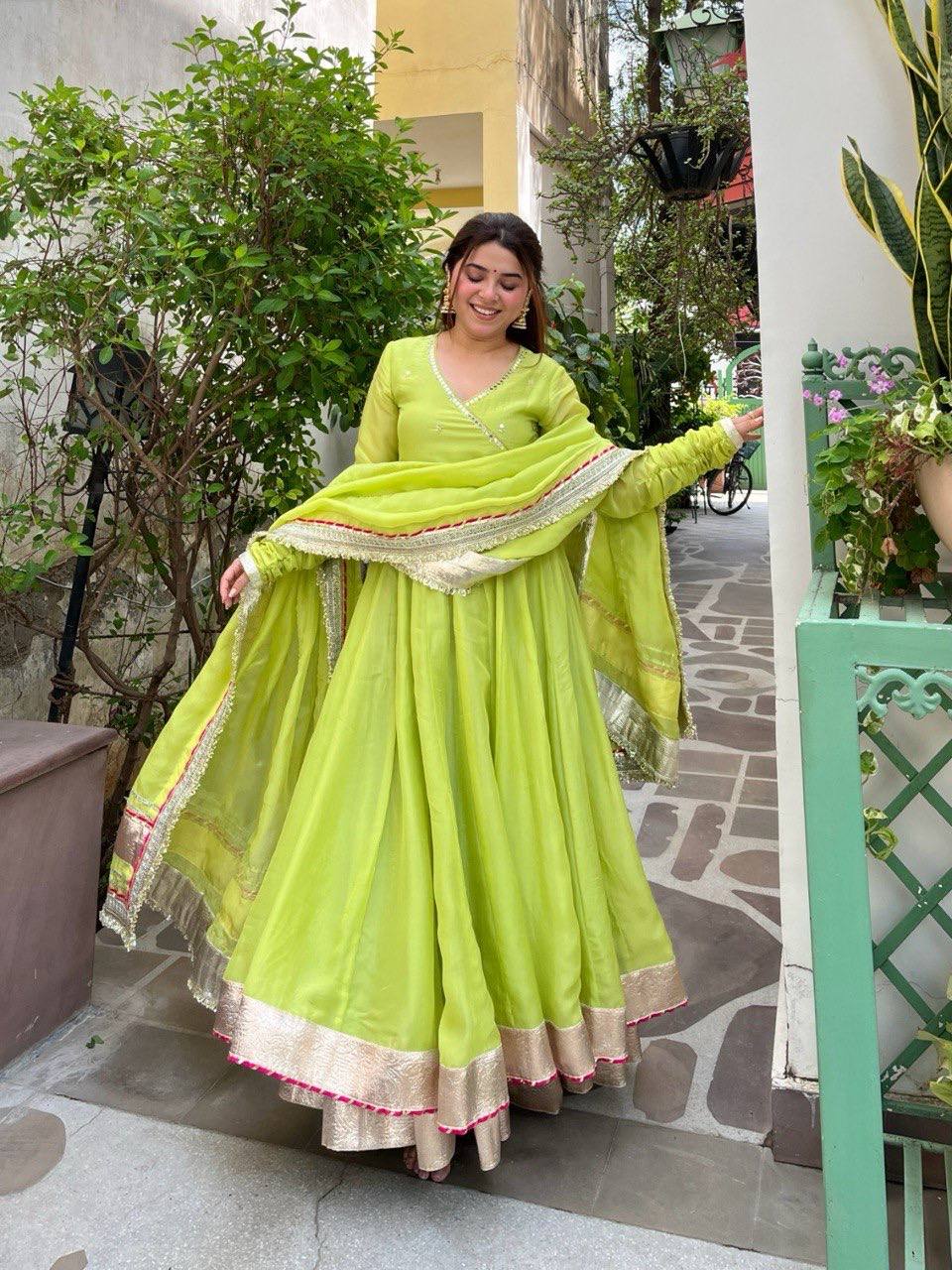 Designer Mirror Handwork Organza Lehenga Anarkali Set