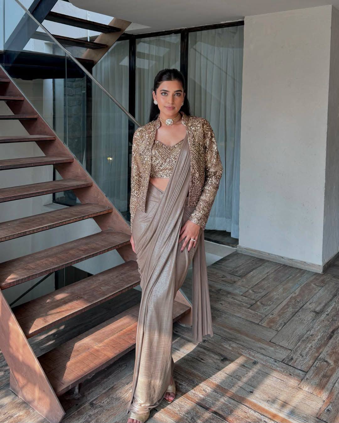 Festive Embroidered Chinon Silk Lehenga Saree with Koti