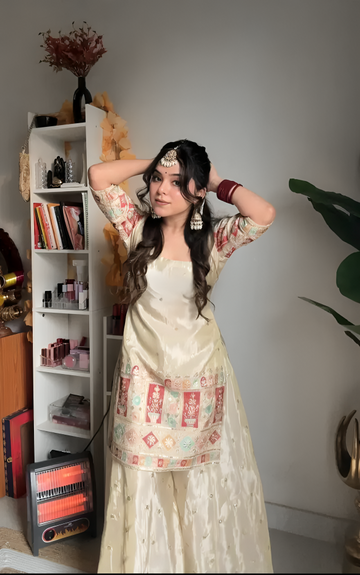 Premium Heavy Embroidery Chinon Silk Top with Gharara Set