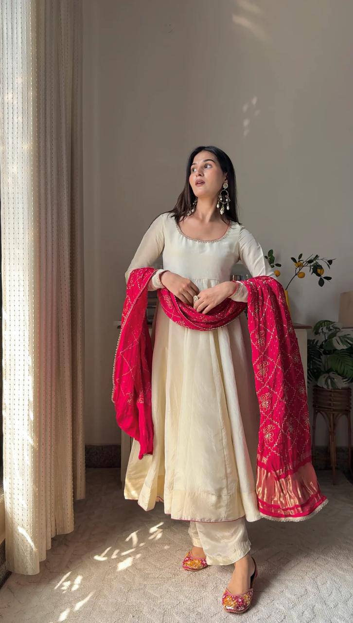 Exclusive 3 Piece Chinon Gown Set with Plazzo & Printed Dupatta – Golden Lace Detailing