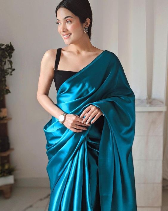 Cobalt Blue Satin Silk Saree With Handmade Tassels On Pallu