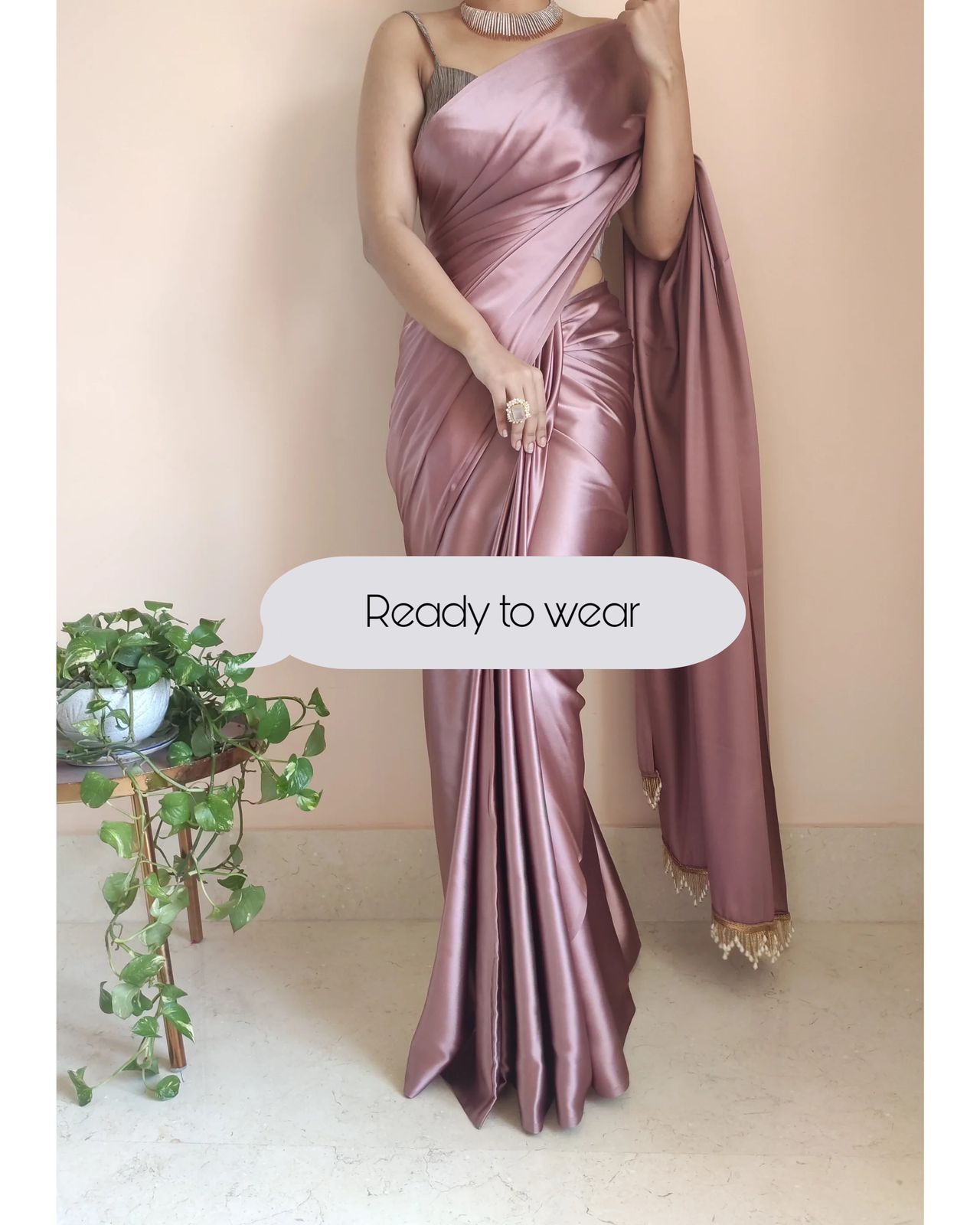 Buy Rose Gold Saree In Satin With Embroidered Butti And Border Online -  Kalki Fashion