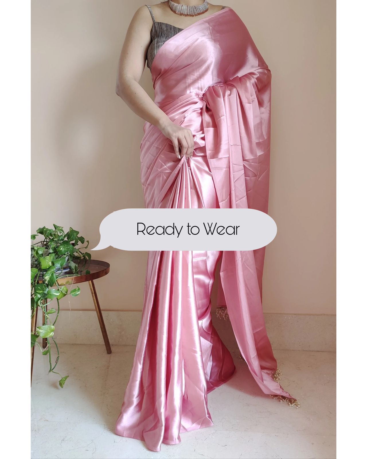 peach plain satin saree with blouse - Shaily - 2997209