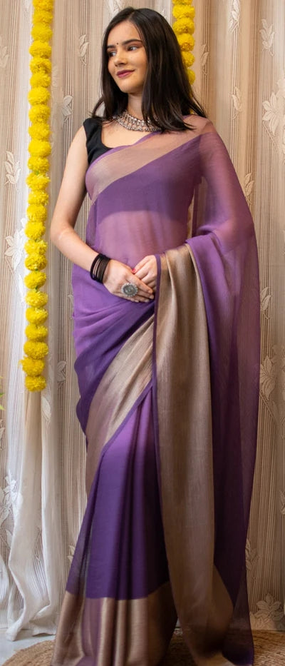 Embroidered Border Satin Georgette Saree in Light Purple : SSF21169