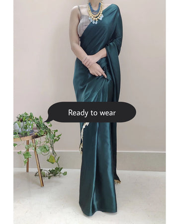 1-MIN READY TO WEAR Dark  Green Satin Silk Saree With Handmade Tassels On Pallu