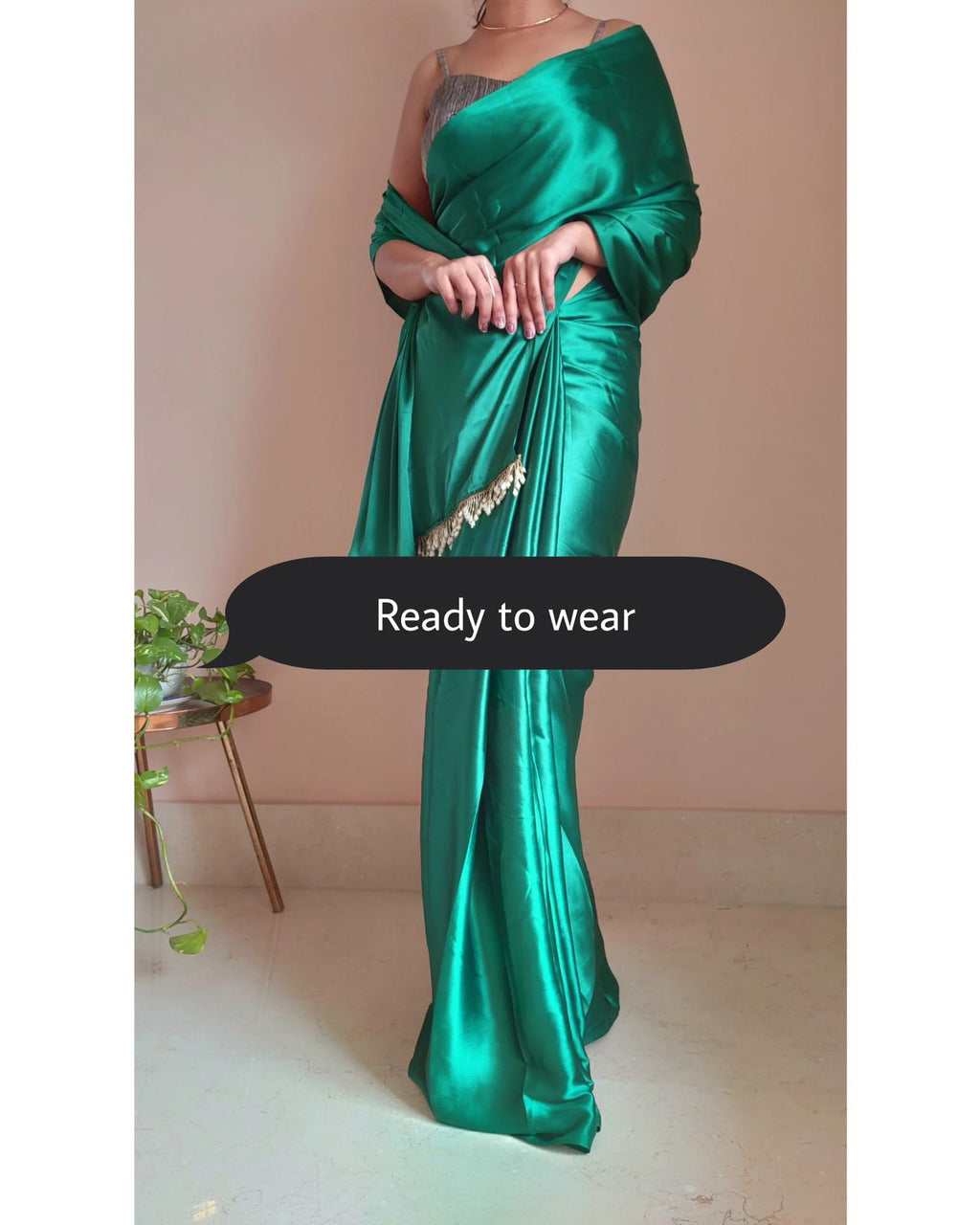 1-MIN READY TO WEAR Jade Green Satin Silk Saree With Handmade Tassels On Pallu