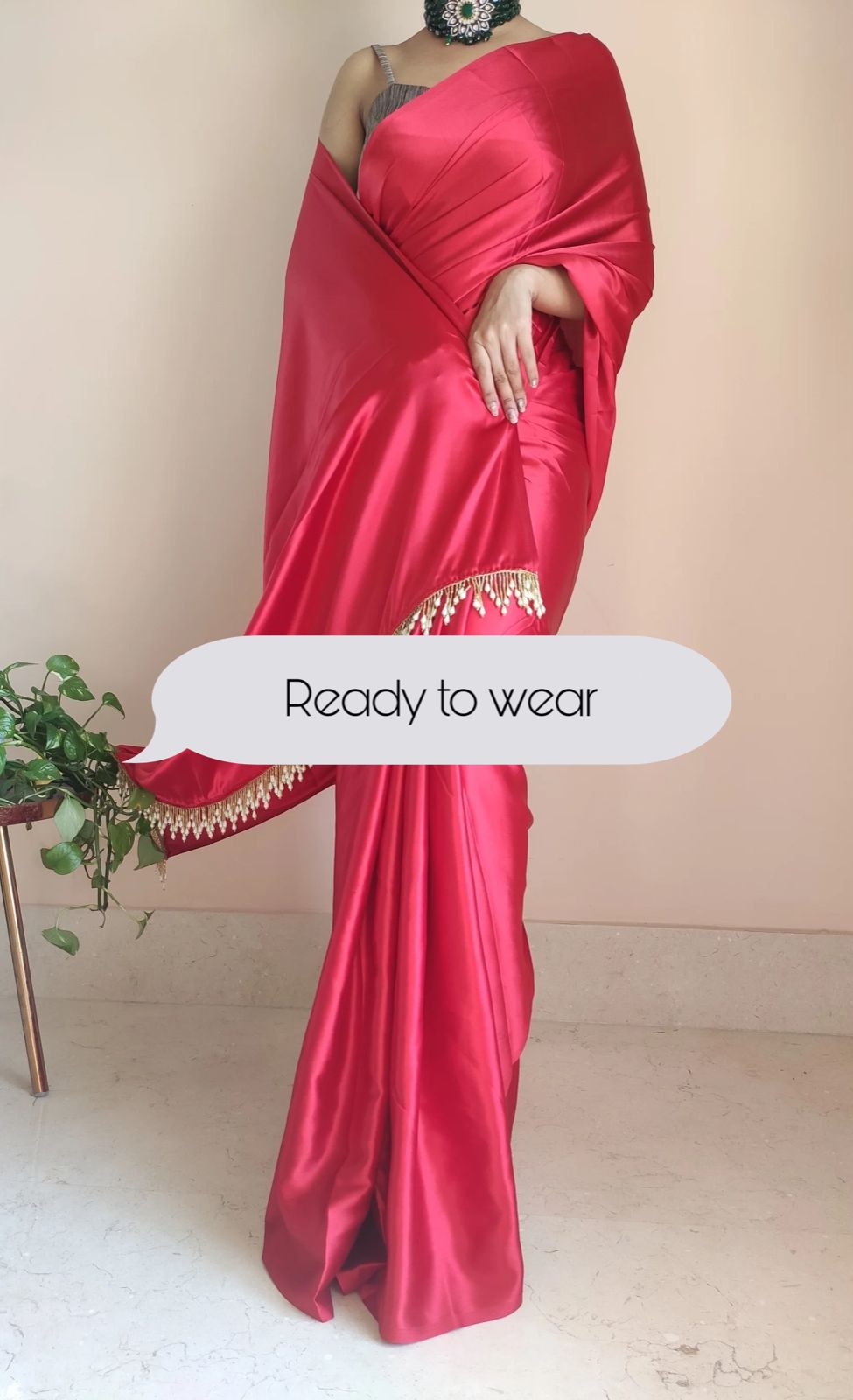 1-MIN READY TO WEAR Tomato Red Satin Silk Saree With Handmade Tassels On Pallu