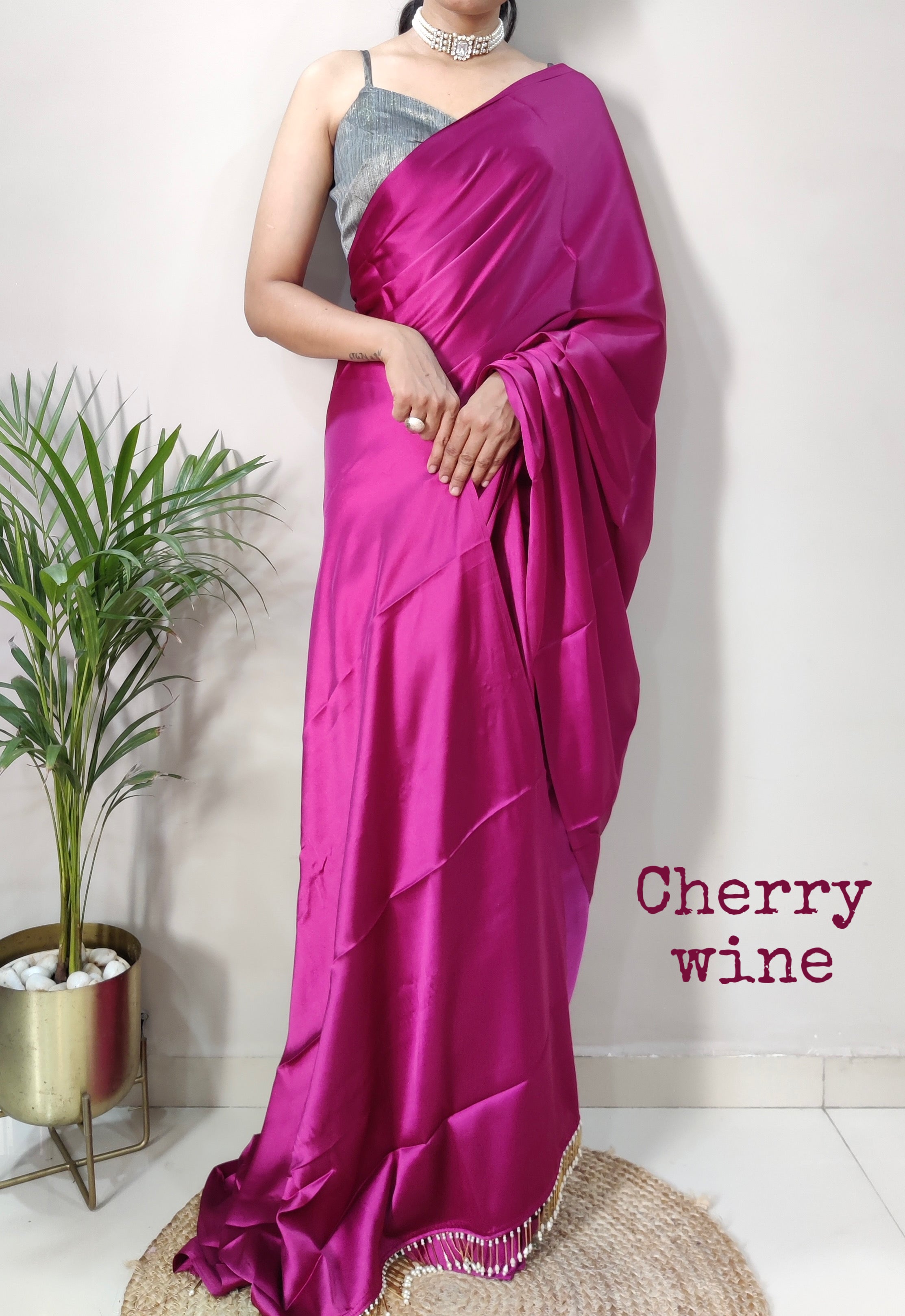 1-MIN READY TO WEAR SAREE IN CHERRY WINE PREMIUM SATIN SILK