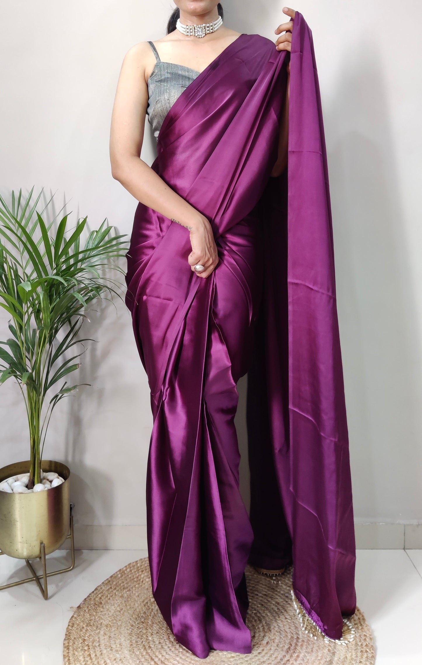 1-MIN READY TO WEAR SAREE IN DARK WINE PREMIUM SATIN SILK