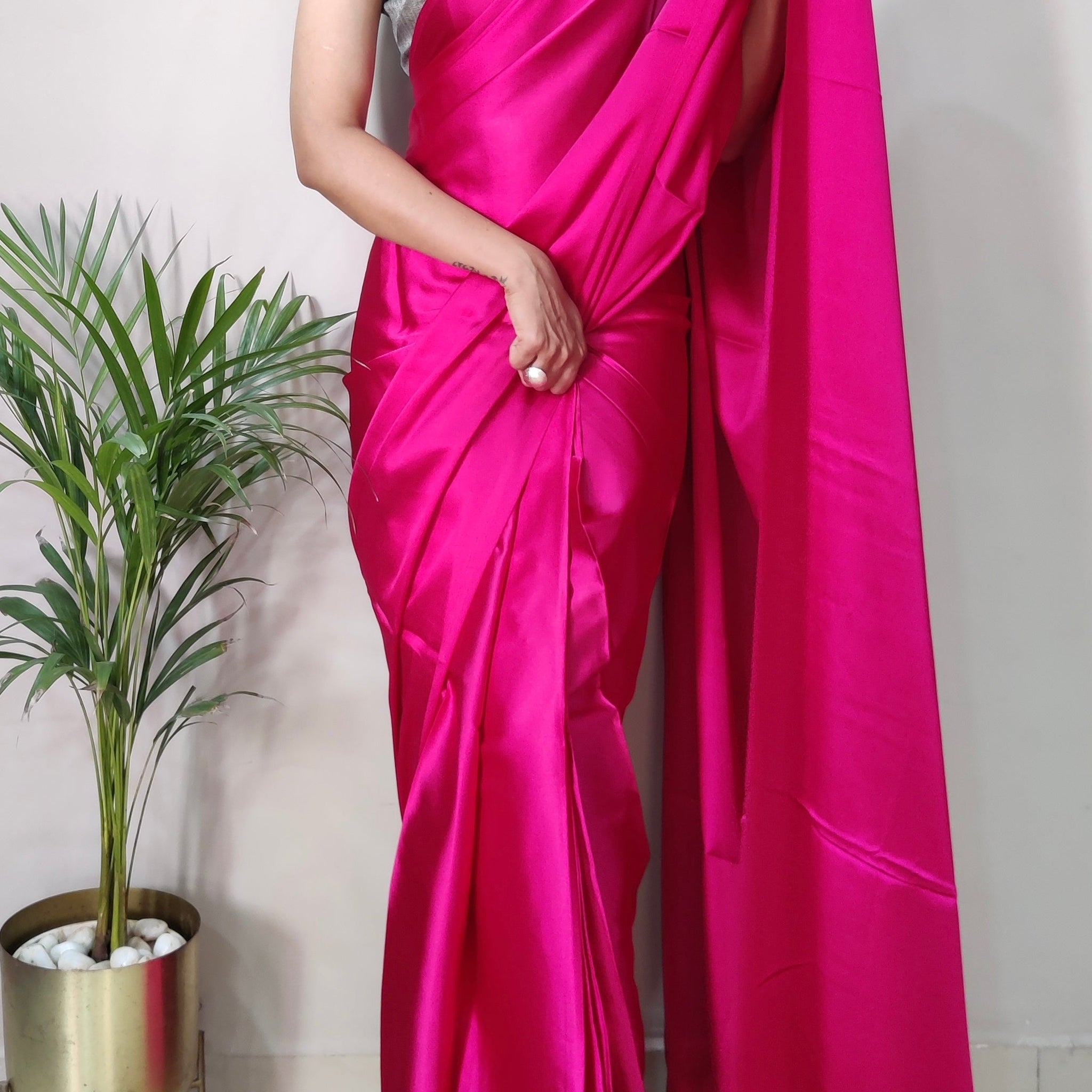 1-MIN READY TO WEAR SAREE IN HOT PINK PREMIUM SATIN SILK