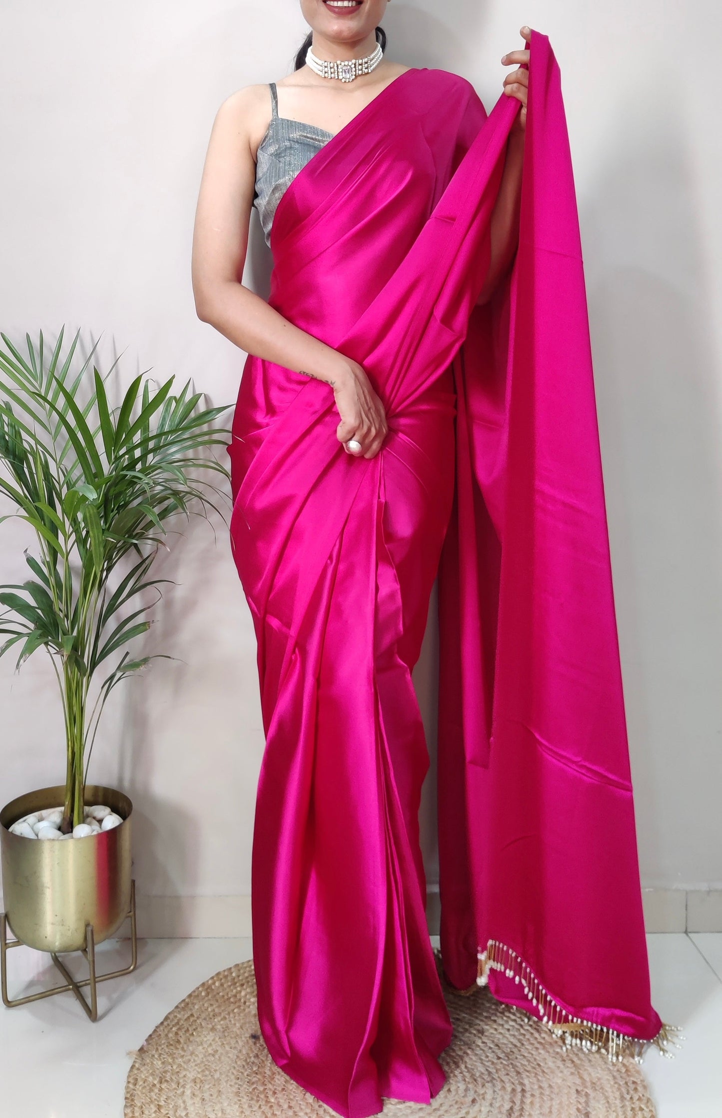 1-MIN READY TO WEAR SAREE IN HOT PINK PREMIUM SATIN SILK