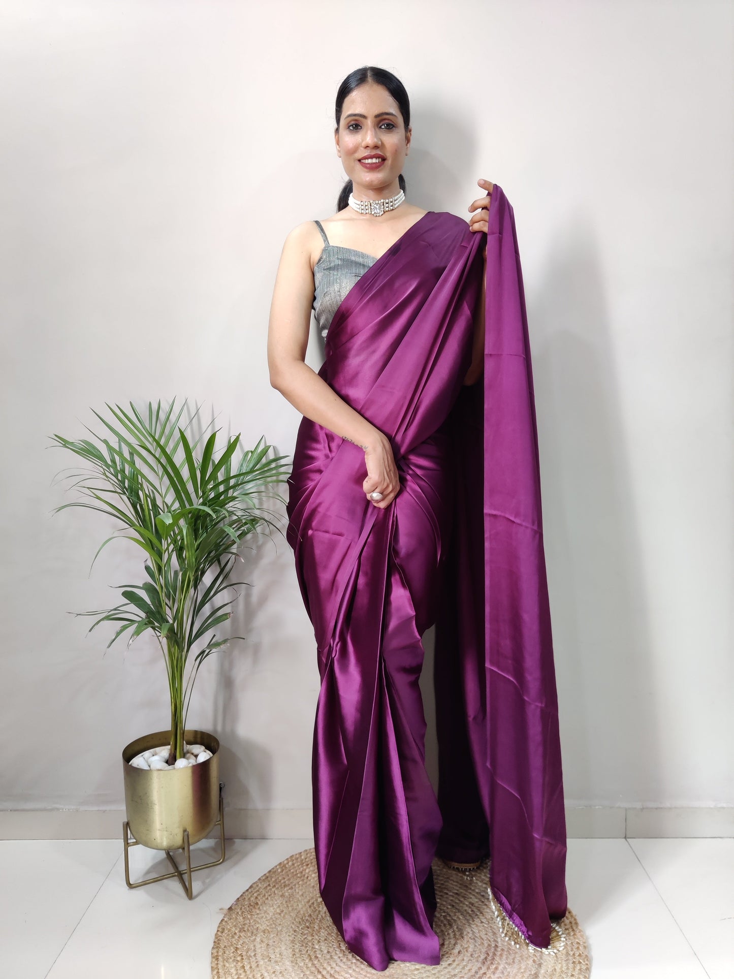 1-MIN READY TO WEAR SAREE IN DARK WINE PREMIUM SATIN SILK