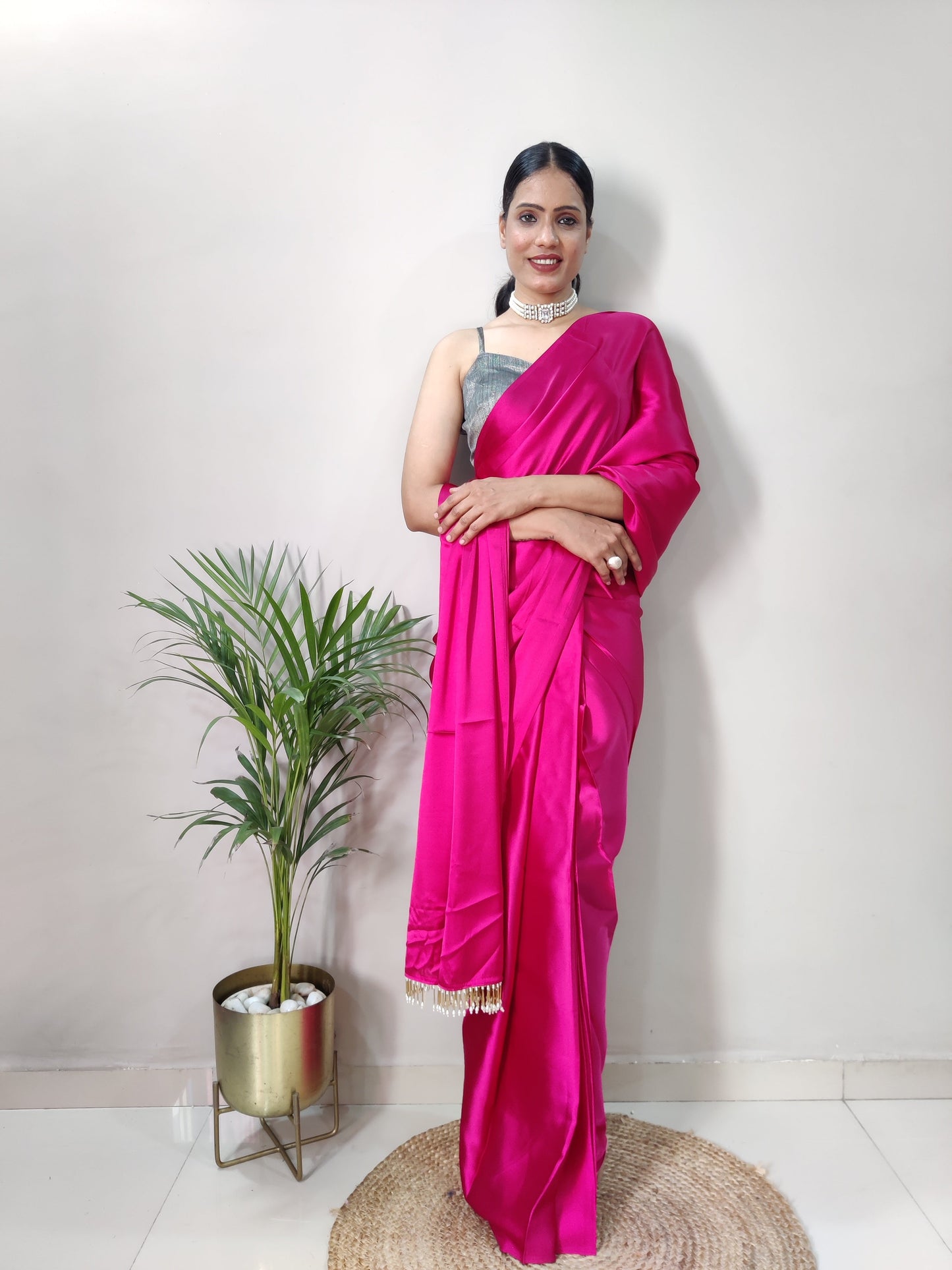 1-MIN READY TO WEAR SAREE IN HOT PINK PREMIUM SATIN SILK