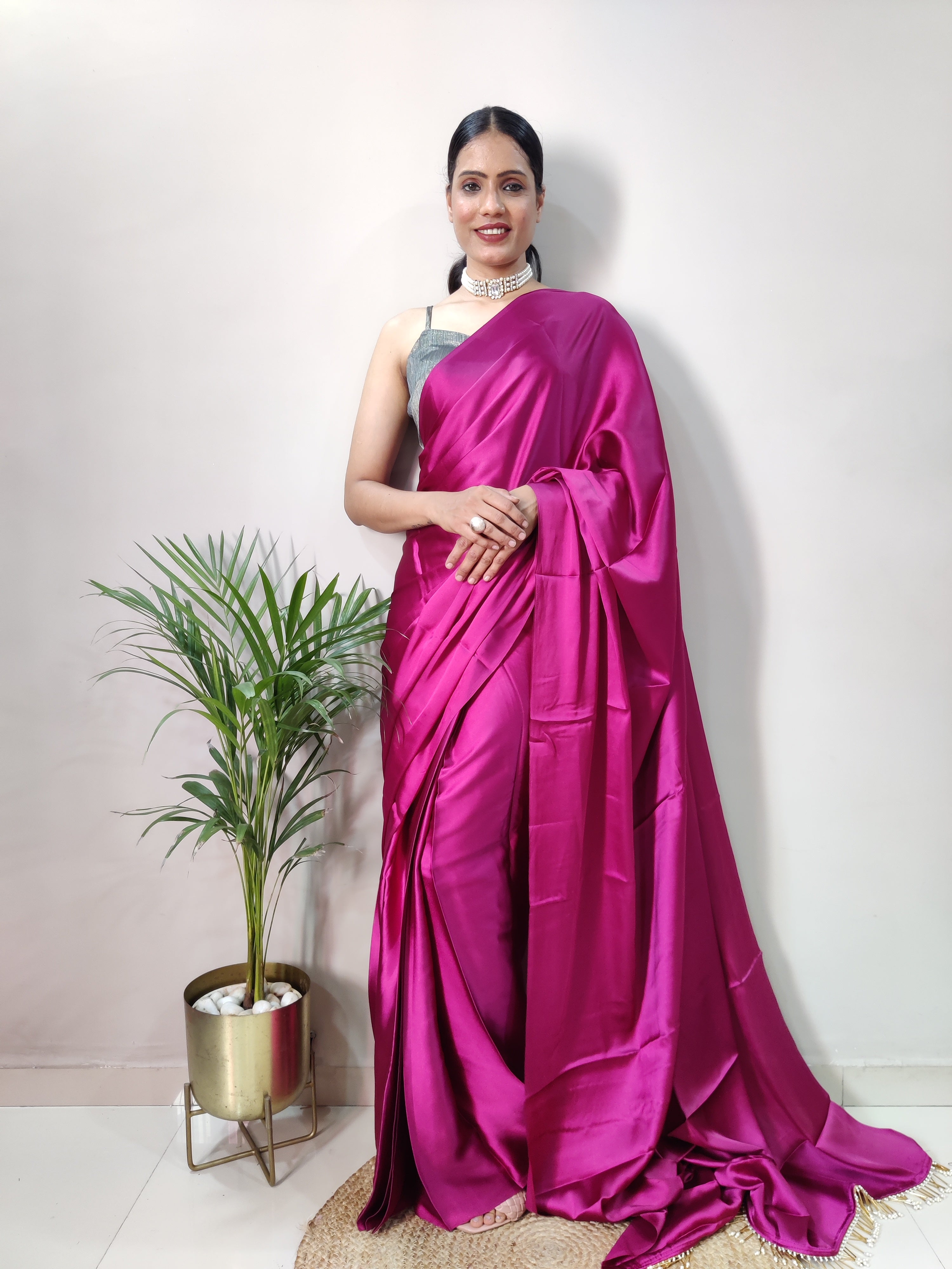 1-MIN READY TO WEAR SAREE IN CHERRY WINE PREMIUM SATIN SILK