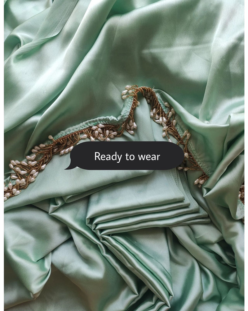 1-MIN READY TO WEAR Mint Green Satin Silk Saree With Handmade Tassels On Pallu