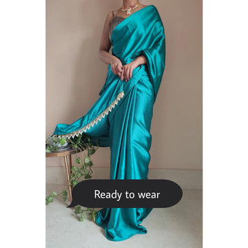 1-MIN READY TO WEAR Sea Green Satin Silk Saree With Handmade Tassels On Pallu