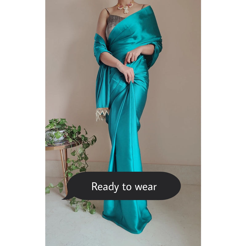1-MIN READY TO WEAR Sea Green Satin Silk Saree With Handmade Tassels On Pallu