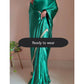 1-MIN READY TO WEAR Jade Green Satin Silk Saree With Handmade Tassels On Pallu