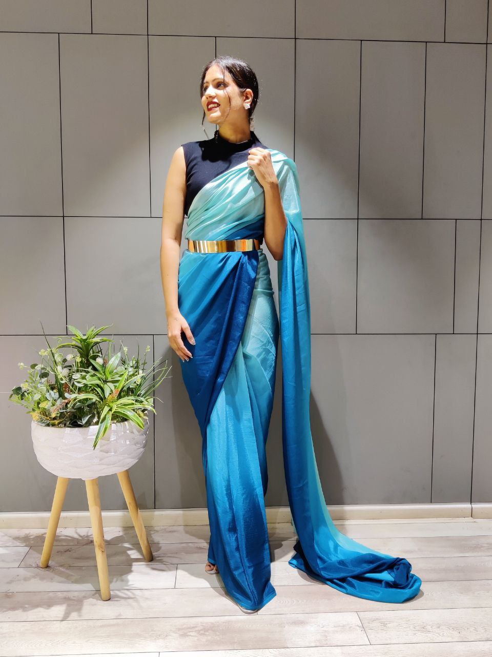 1-Min Ready to Wear Saree in Multi Blue Premium Chinon Silk