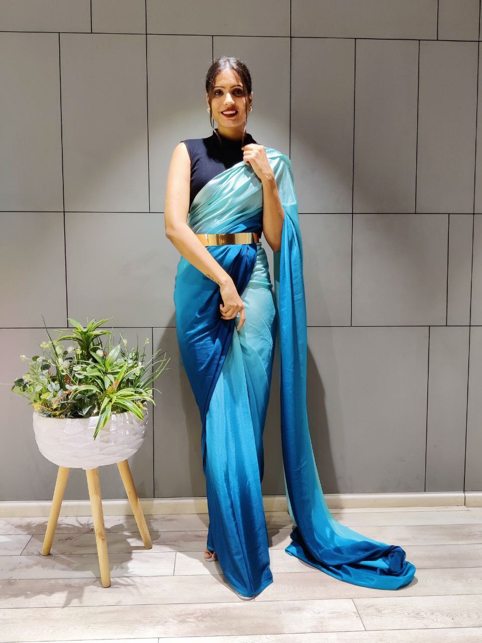 1-Min Ready to Wear Saree in Multi Blue Premium Chinon Silk